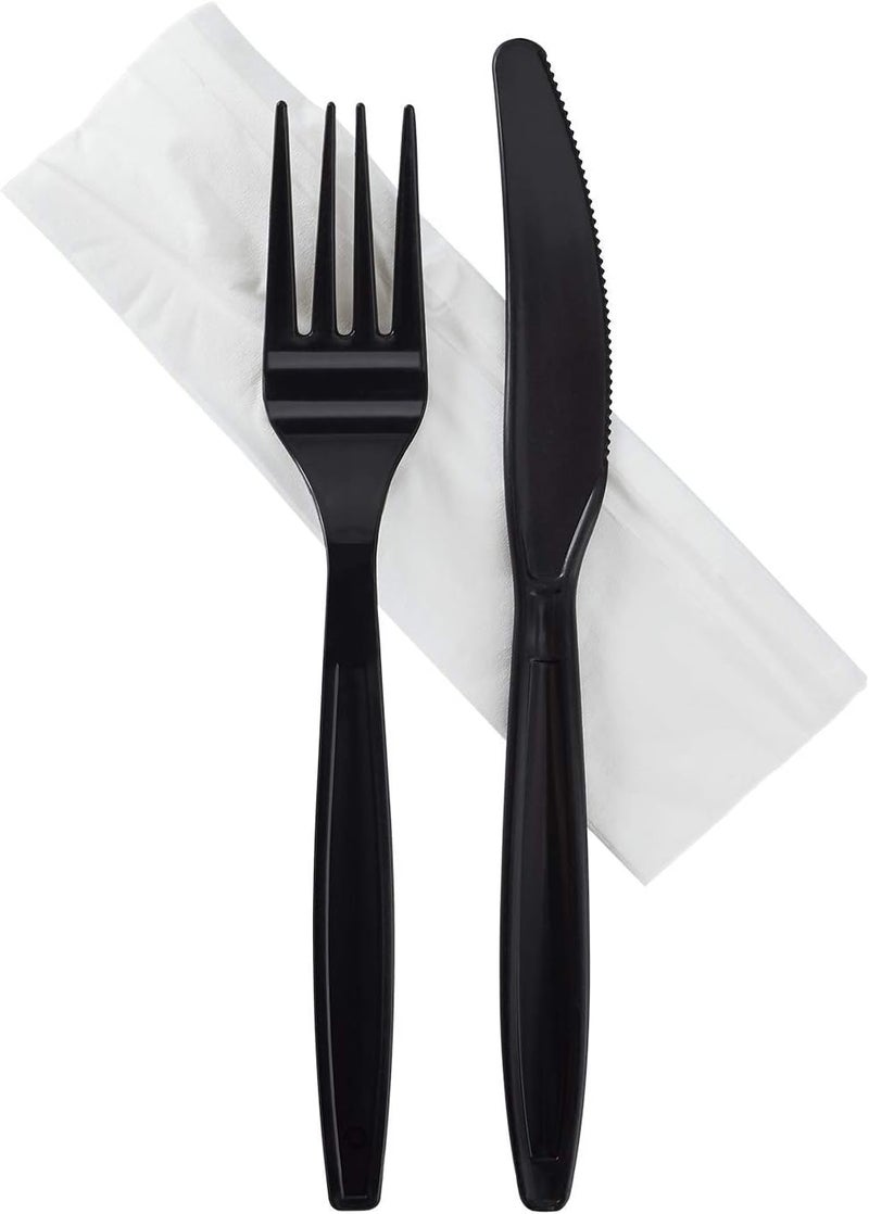 Karat [ 500 ct ] Black Wrapped PP Plastic Heavy-Weight Cutlery Set with Napkin (Knife, Fork, 1-ply Napkin) U2207B - Image 1